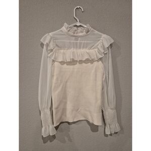 Kirundo Womens Long Sleeve Ruffle Trim Long Sleeve Blouse Small White NWOT